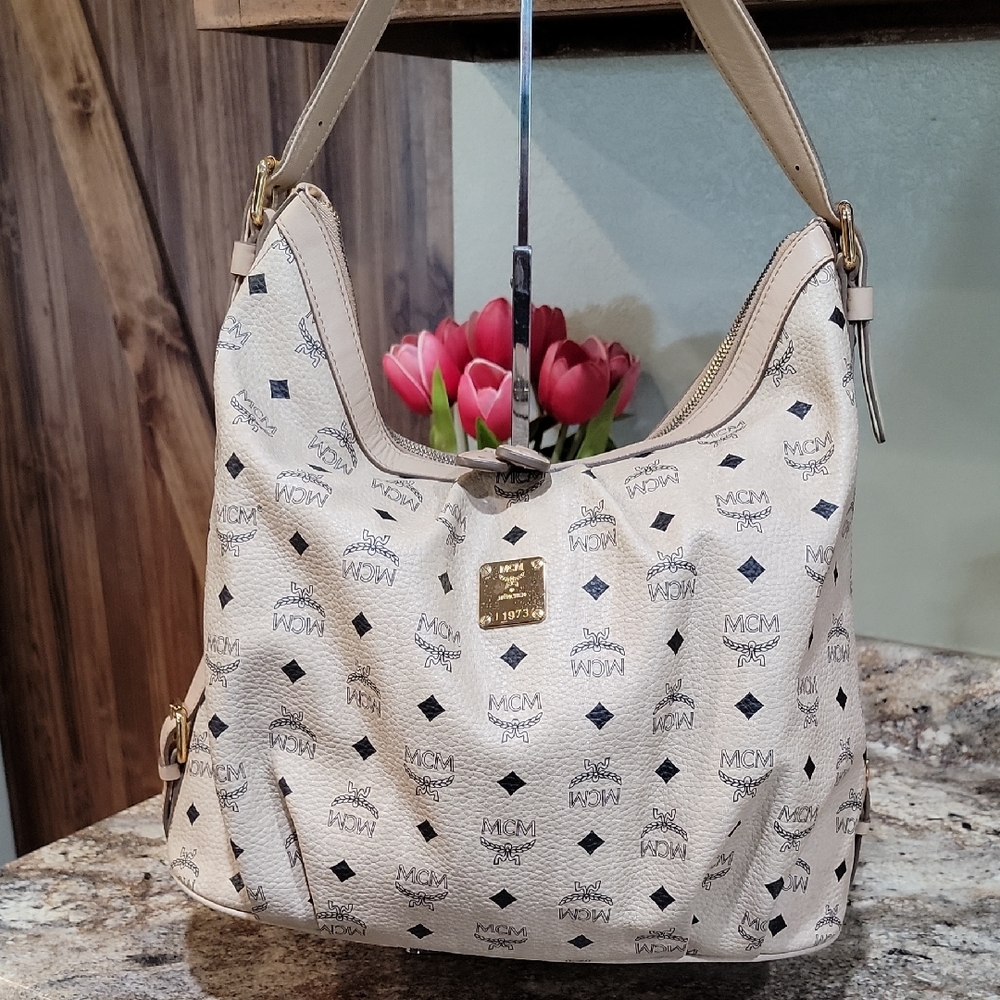 MCM EUC Visetos Leather Trimmed Hobo